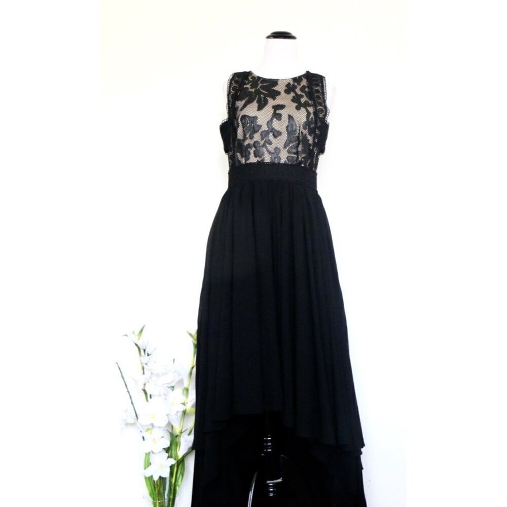 INA Hi Low Hem Cut Out Detail Maxi Dress Faux leather with Lace Black SZ M - Picture 8 of 15